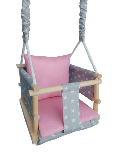 LULA KIDS wooden swing 3in1 with safety belt STARS pink