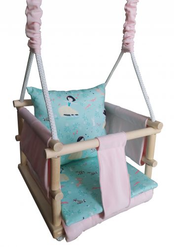 LULA KIDS wooden swing 3in1 VELVET with safety belt powder pink princess
