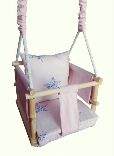 LULA KIDS wooden swing 3in1 VELVET with safety belt powder pink stars