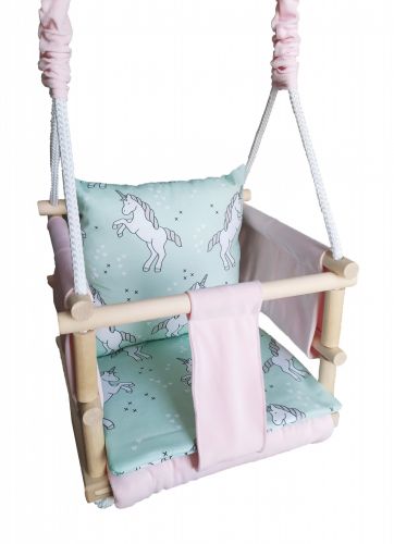 LULA KIDS wooden swing 3in1 VELVET with safety belt powder pink unicorns