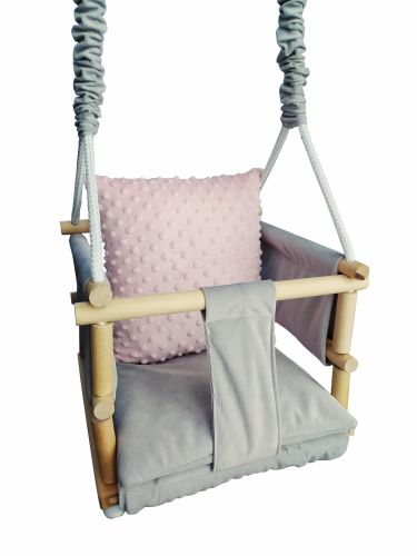 LULA KIDS wooden swing 3in1 VELVET with safety belt gray minky pink