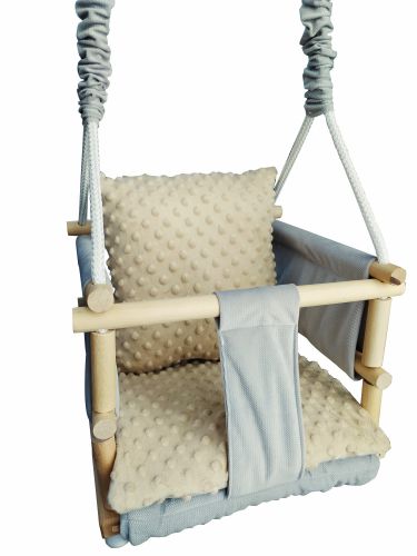 LULA KIDS wooden swing 3in1 VELVET with safety belt gray minky beige