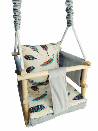 LULA KIDS wooden swing 3in1 VELVET with safety belt gray feathers